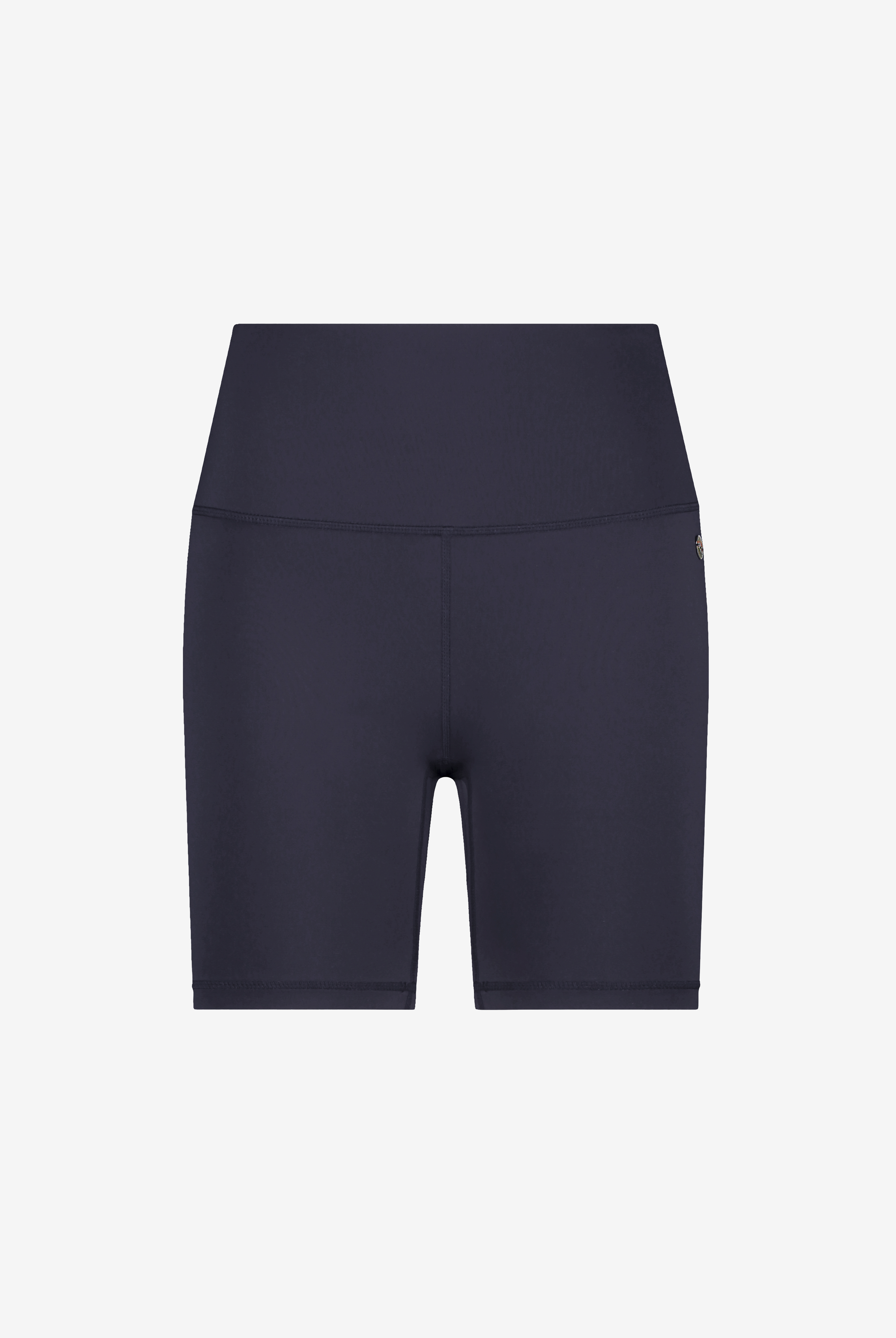 A pair of navy blue biker shorts with a high waist, designed for all kinds of workouts.