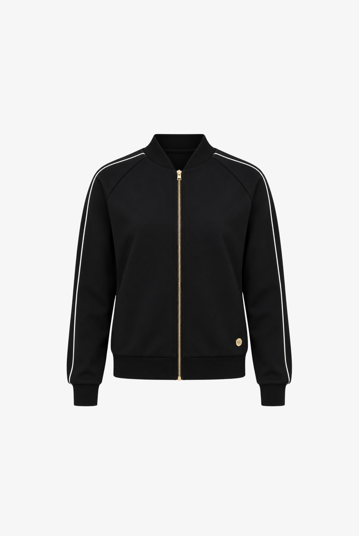 A black zip-up track jacket with white stripes down the sleeves and a gold-tone front zipper, shown on a plain light gray background.