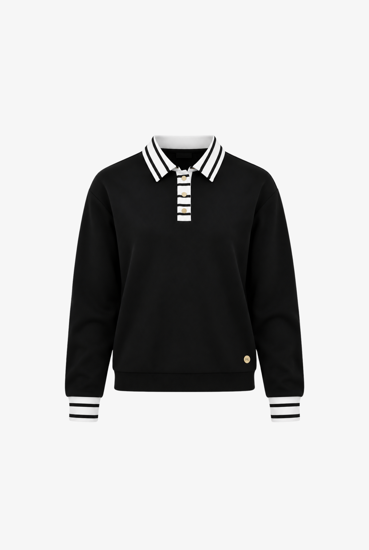 House of Gravity Button Polo Sweater in Black featuring a striped polo collar and button placket.