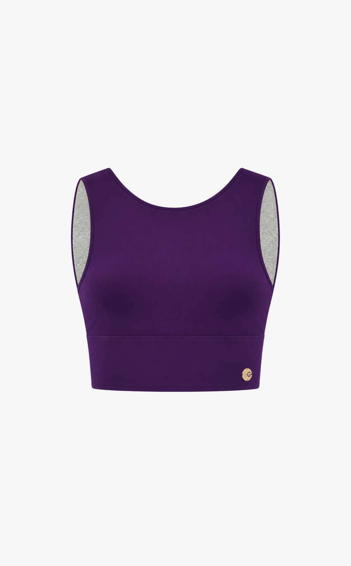 A purple sleeveless crop top with a small gold logo on the bottom left, displayed against a plain white background.