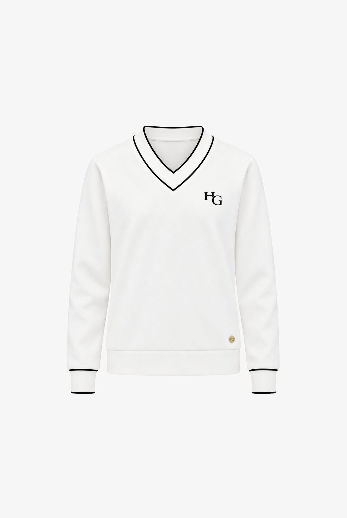 A white long-sleeve V-neck sweater with black trim and a small black 'HG' logo on the left chest, displayed on a clean white background.