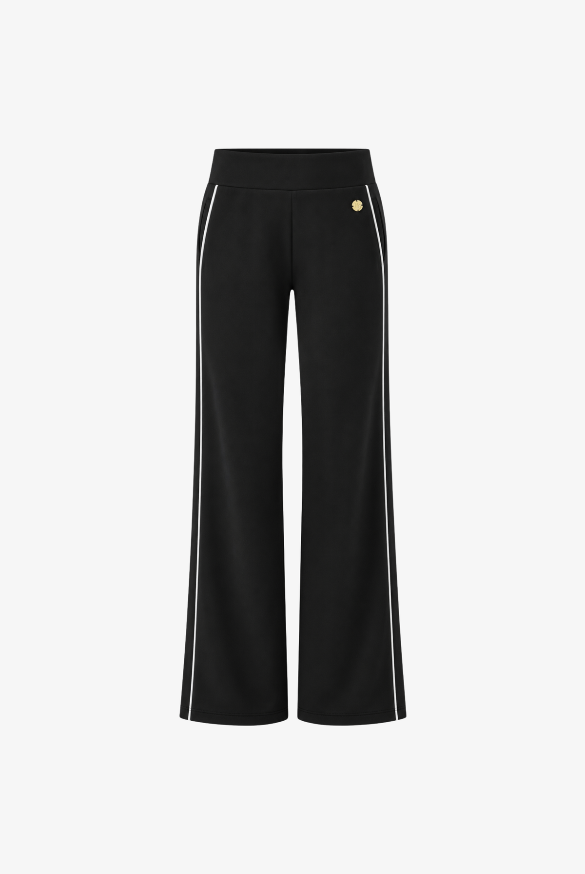 House of Gravity Wide Leg Trouser in Black featuring white contrast side stripes and a relaxed wide-leg fit