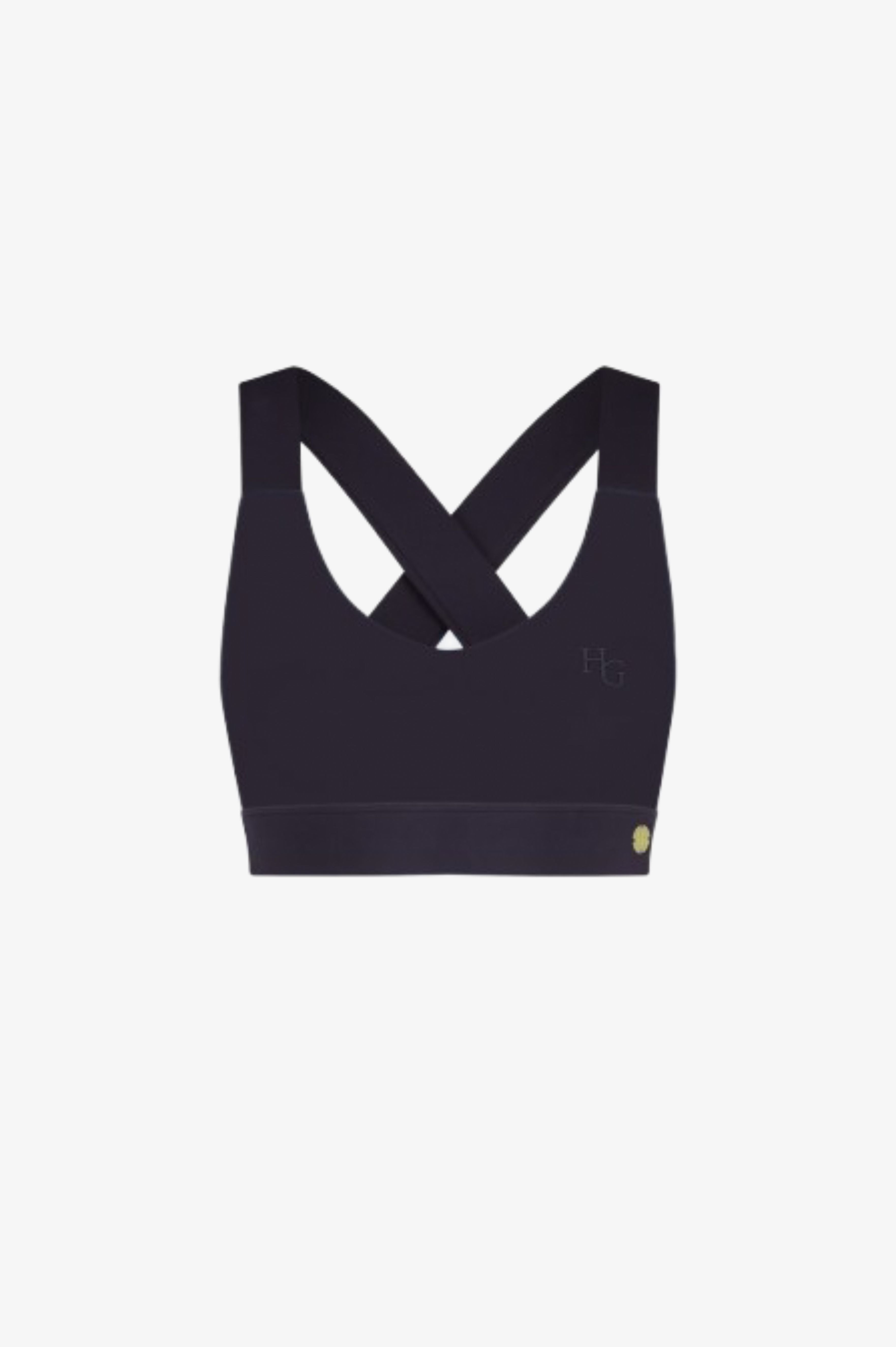 Black sports bra with criss-cross straps on a white background