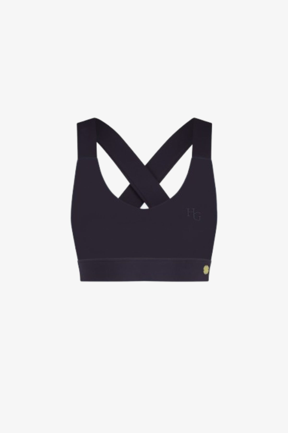 Black sports bra with criss-cross straps on a white background