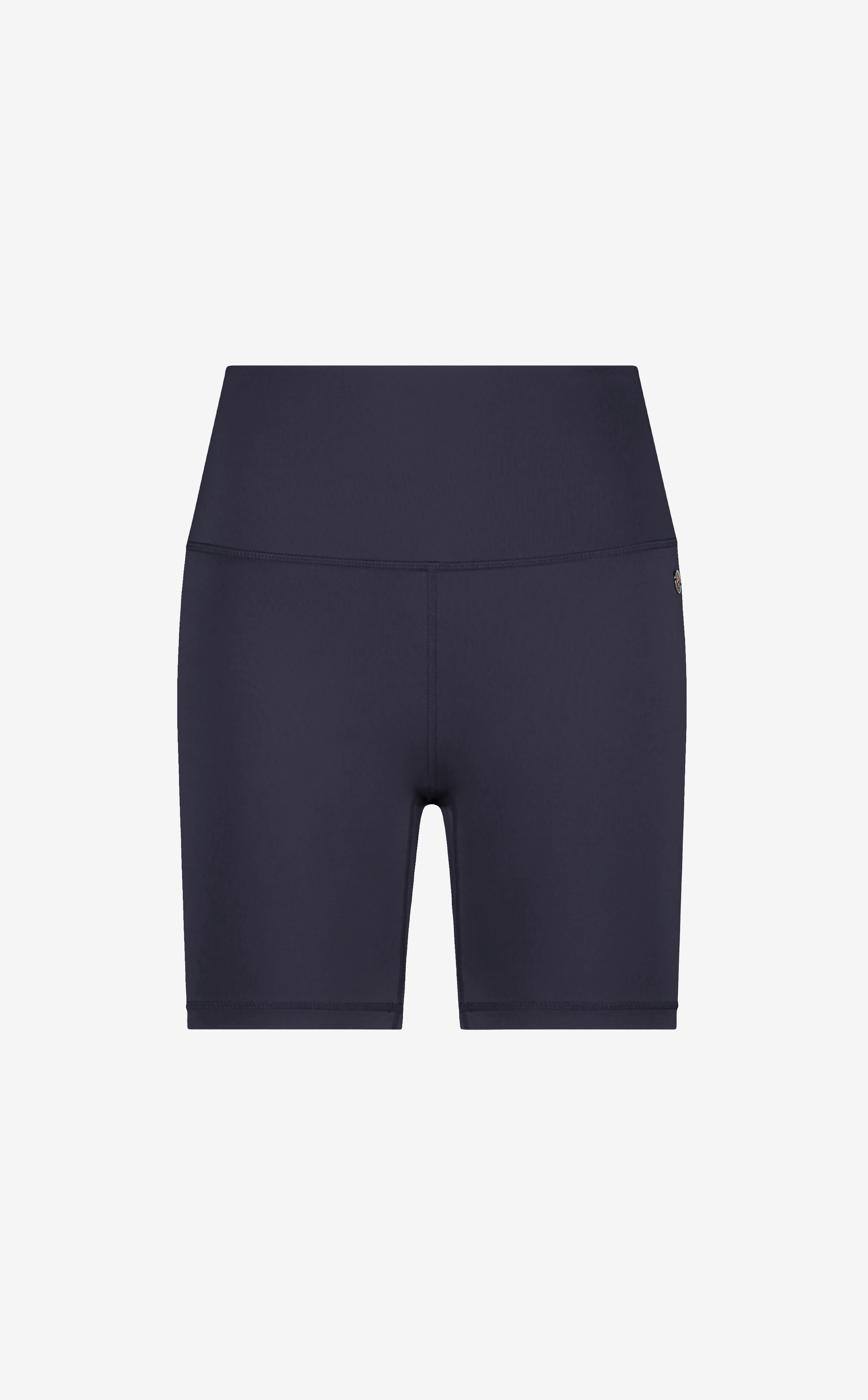 A pair of navy blue biker shorts with a high waist, designed for all kinds of workouts.