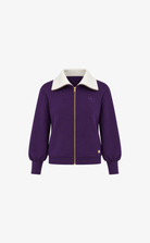 Turtleneck Zip Cardigan by House of Gravity in purple featuring a contrast collar and zip-front closure.
