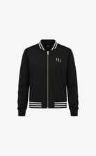 A black varsity-style jacket with a gold front zipper, white striped ribbed collar, cuffs, and hem, featuring a white embroidered 'HG' logo on the left chest, shown against a plain white background.