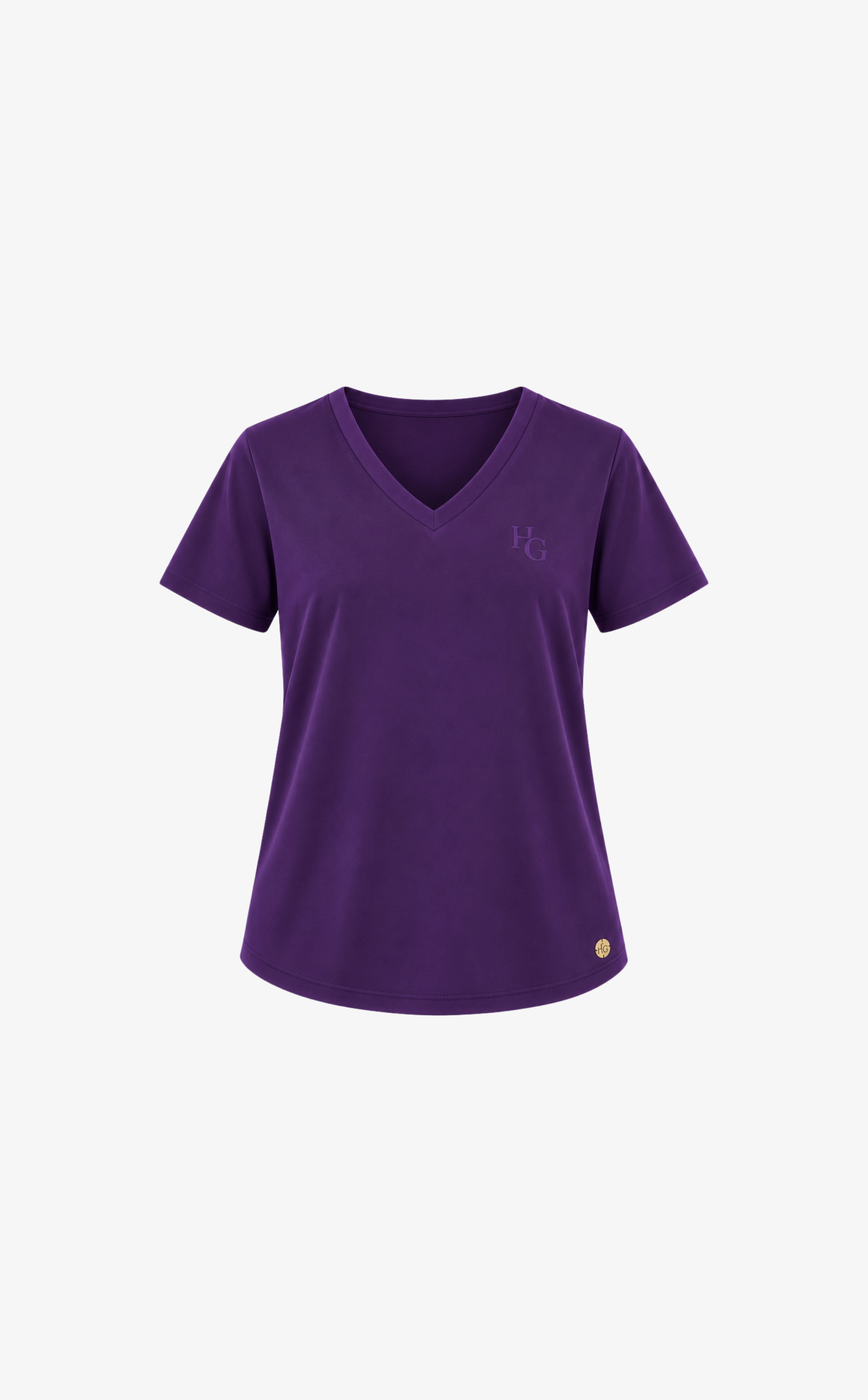 A women's short-sleeve V-neck t-shirt in deep purple, featuring a small tonal embroidered logo on the left chest and a small gold button detail near the bottom hem, displayed on a clean white background.