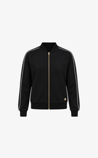A black zip-up track jacket with white stripes down the sleeves and a gold-tone front zipper, shown on a plain light gray background.