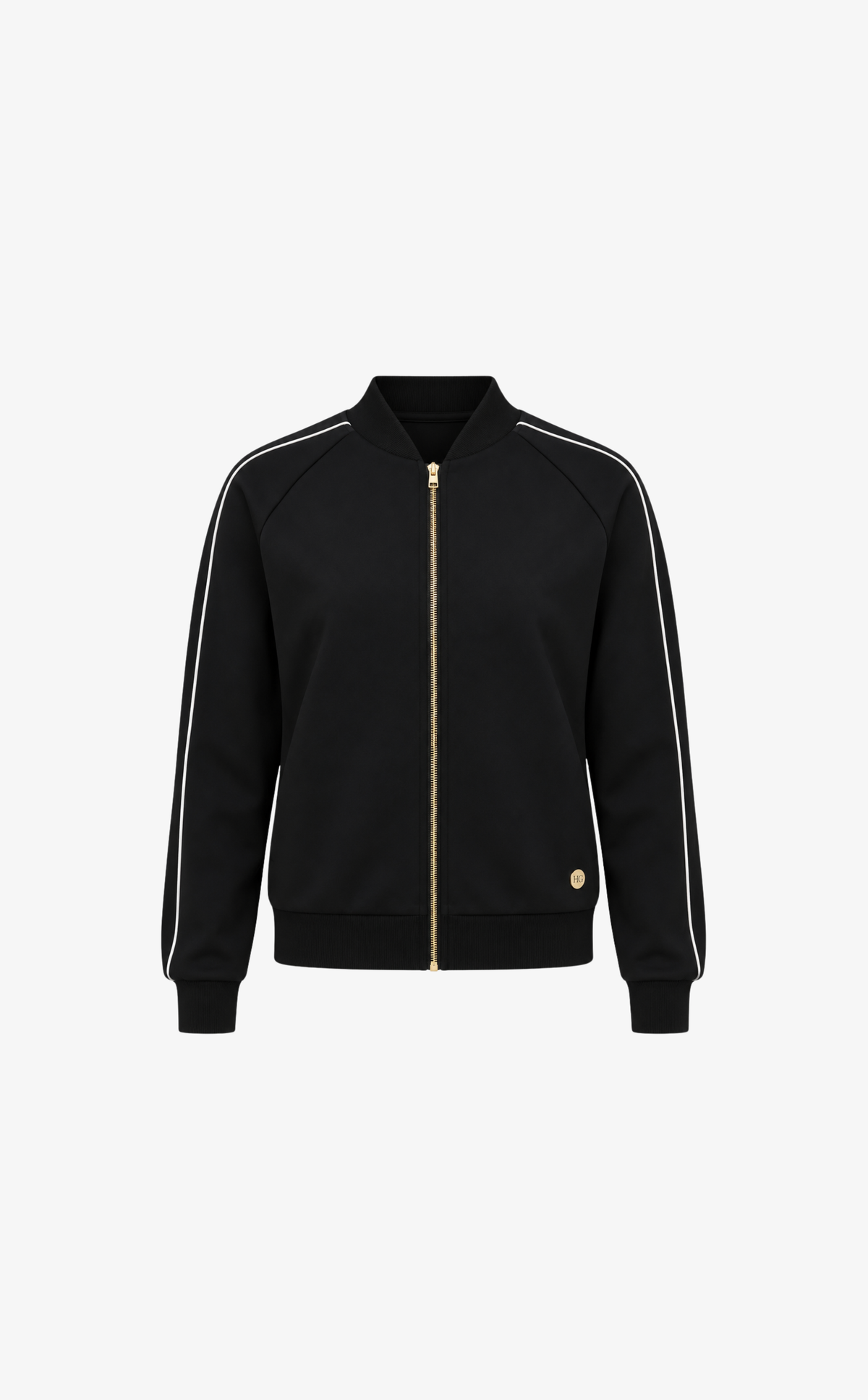 A black zip-up track jacket with white stripes down the sleeves and a gold-tone front zipper, shown on a plain light gray background.