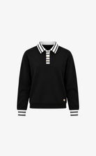 House of Gravity Button Polo Sweater in Black featuring a striped polo collar and button placket.