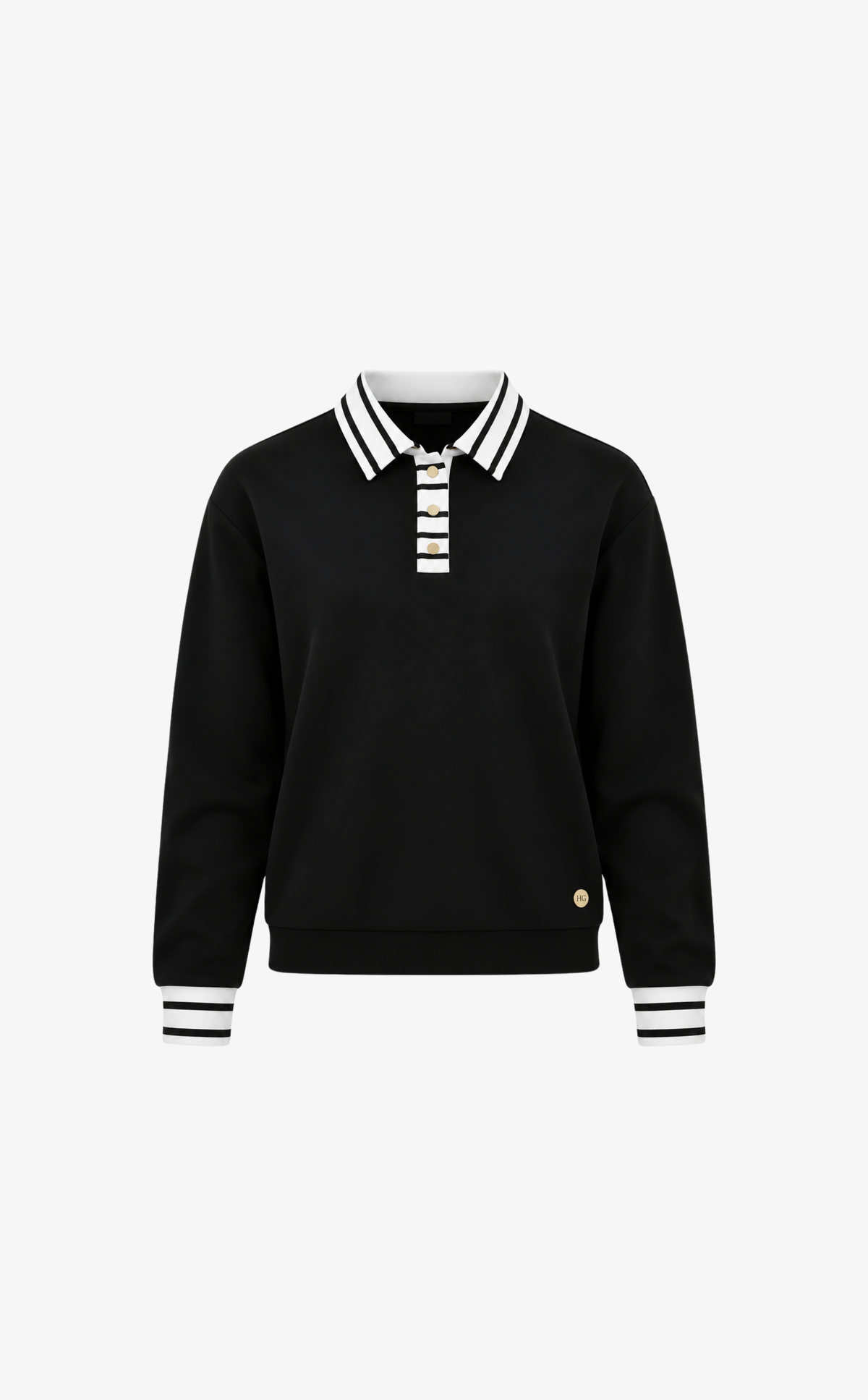 House of Gravity Button Polo Sweater in Black featuring a striped polo collar and button placket.