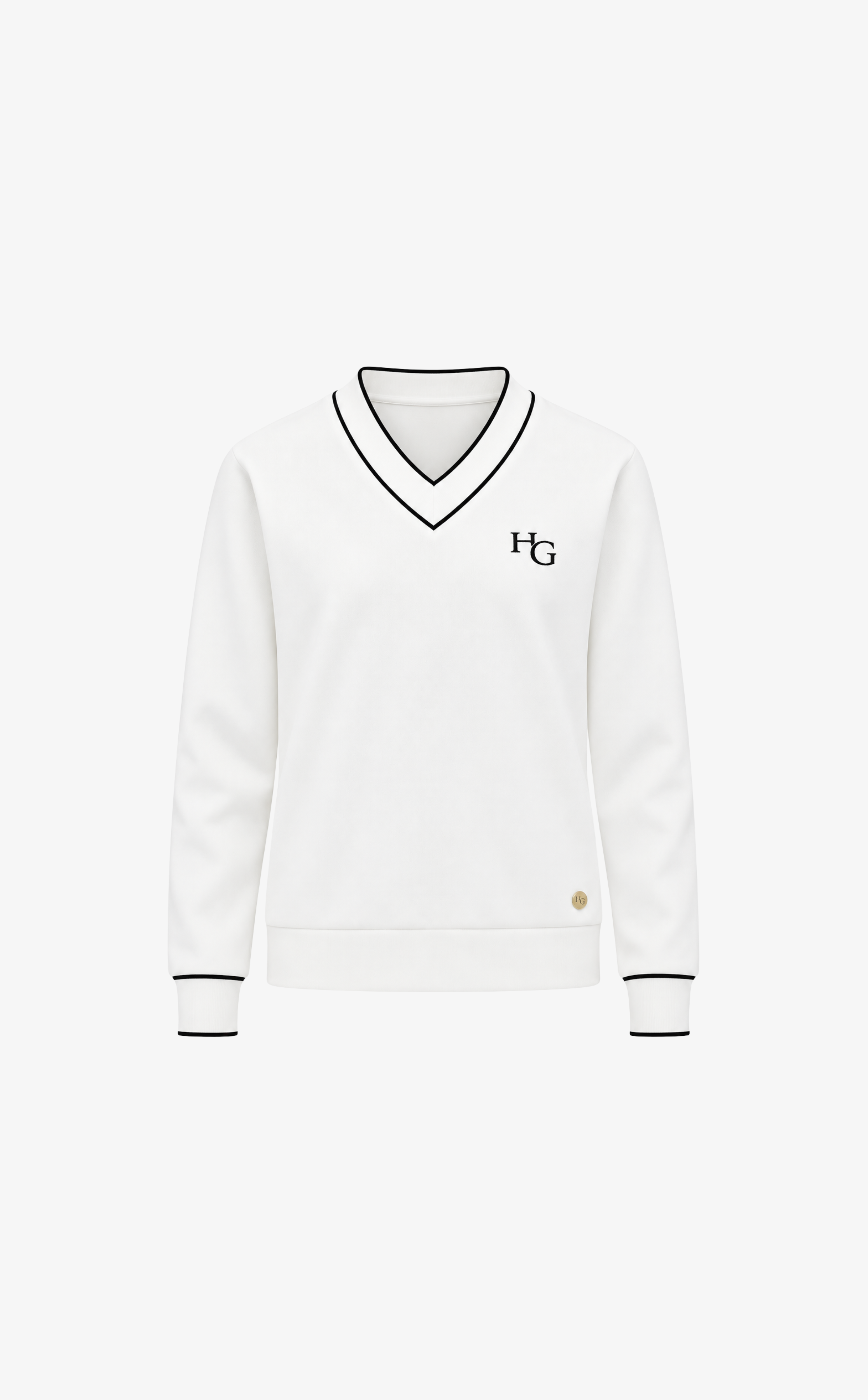 A white long-sleeve V-neck sweater with black trim and a small black 'HG' logo on the left chest, displayed on a clean white background.