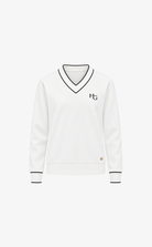 A white long-sleeve V-neck sweater with black trim and a small black 'HG' logo on the left chest, displayed on a clean white background.