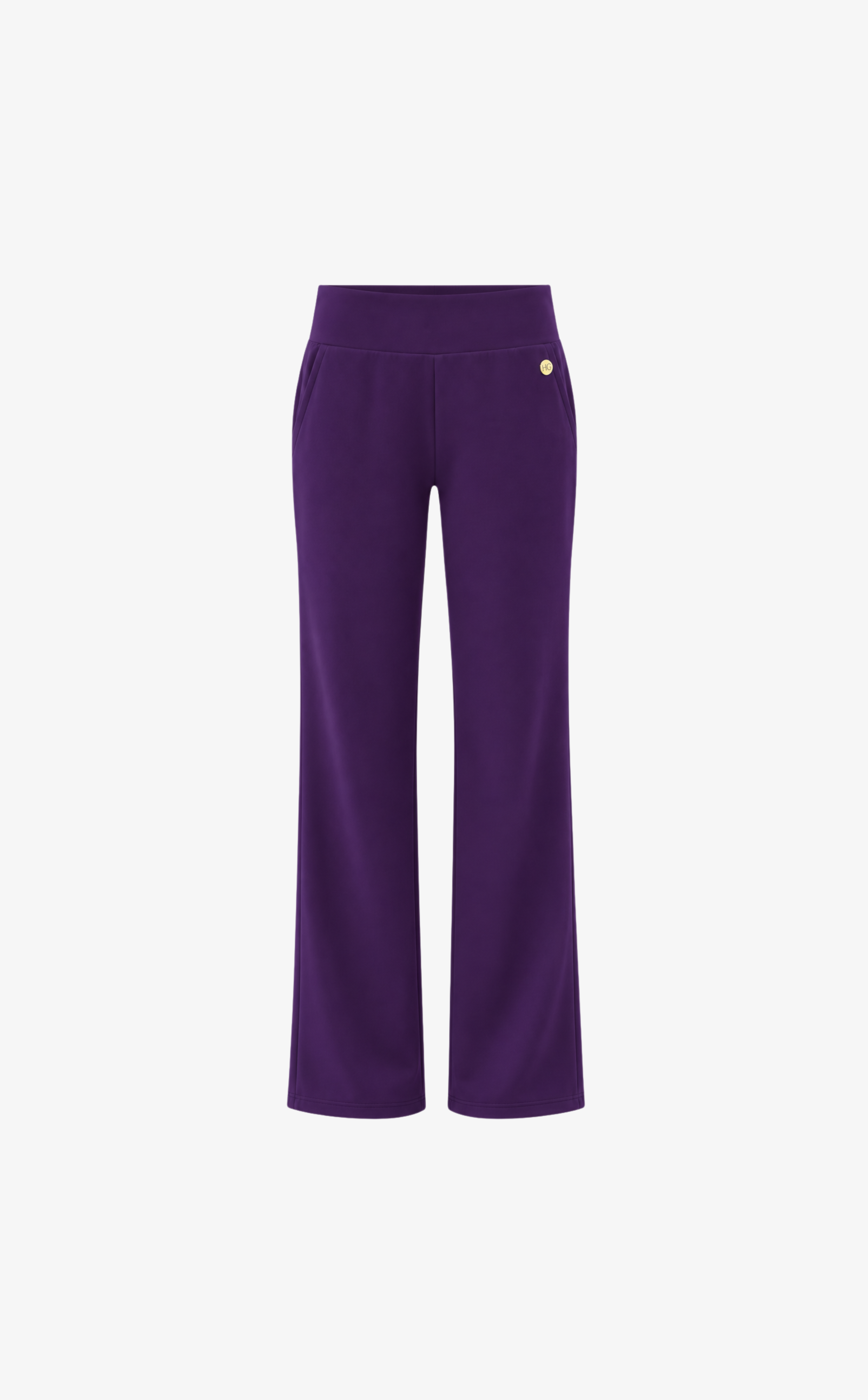 House of Gravity Wide Leg Trouser in Plum with a wide-leg silhouette and side pockets, front view.