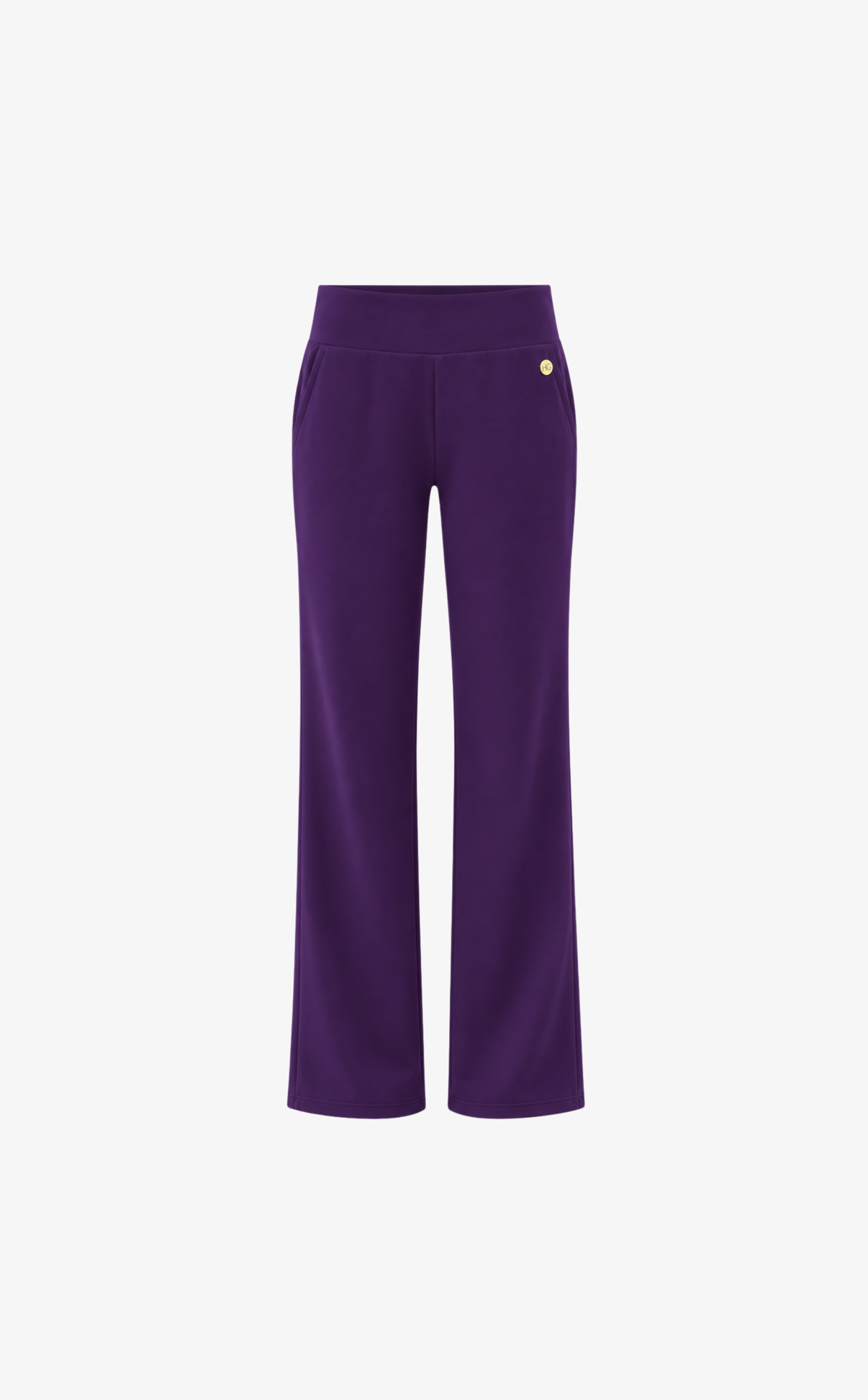 House of Gravity Wide Leg Trouser in Plum with a wide-leg silhouette and side pockets, front view.